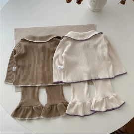 Baby Clothing Set 2023 Autumn Infant Shell Knitted Split Suit Contrast Cardigan+ Bell Bottoms Casual Girl's Two-piece Suit
