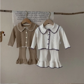 Baby Clothing Set 2023 Autumn Infant Shell Knitted Split Suit Contrast Cardigan+ Bell Bottoms Casual Girl's Two-piece Suit