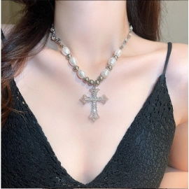 2023 Trendy Pearl Cross Pendant Necklace Hip Hop Retro Men Women Religious Jewelry Boys Girls Anniversary Party Birthday Gifts